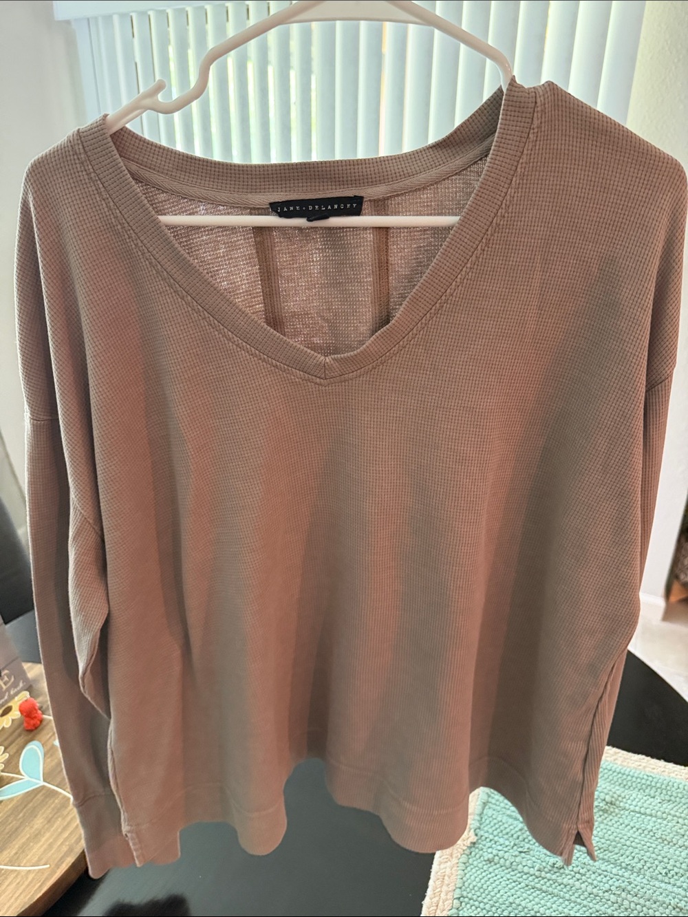 Jane and Delancey Taupe Waffle V-Neck Long Sleeve Top